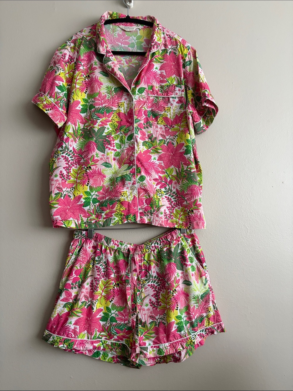 Anthropologie Printfresh Tropical Oasis Pajama Set Size L Pink Short PJ